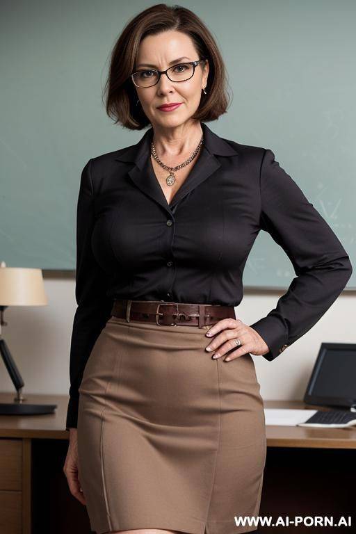 old racy rich milf, glasses, necklace, cleavage, really tight clothes, ((hourglass body)) (((exterme wide hips))) (((huge boobs))), realistic picture, (((frontview))), (short pixie hair), direct look into camera, waist shot, sexy - #main