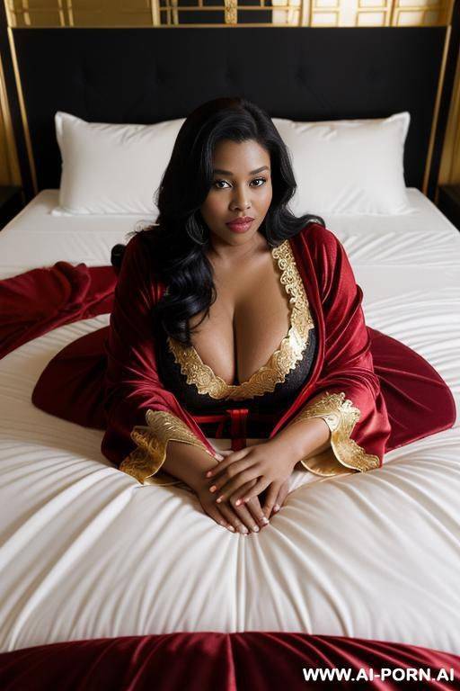 canopy bed, box bed, very large bed, luxurious bedroom, queen’s bedroom, red and black theme, gold theme, large bedroom, (((queen in robe laying on bed))), curvy body, busty body, black hair, - #main