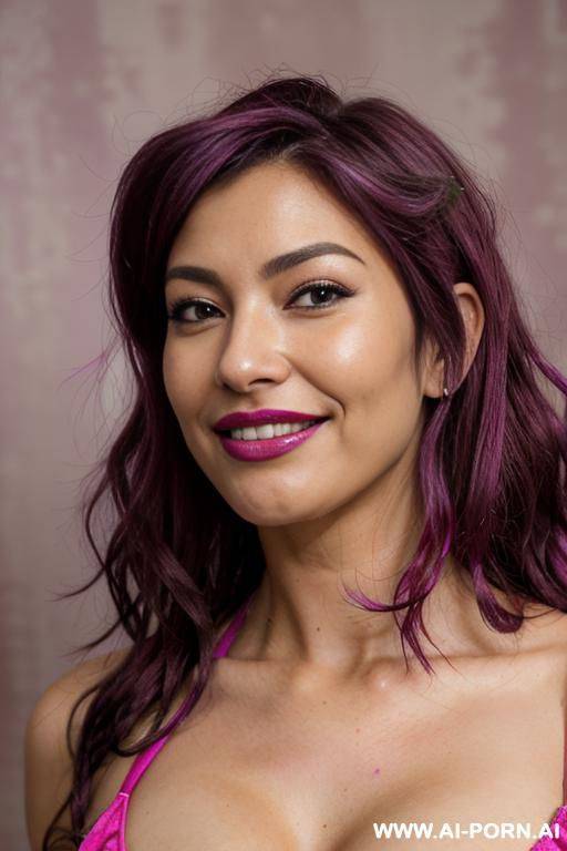 close!, immersive expression, lovingly boastful japanese casual milf, loose wavy purple hair, closeup in decent dress, she is strictly tanned, abstract background, pleasure, lying, real-life sei-ra sodes-hiro! - #main