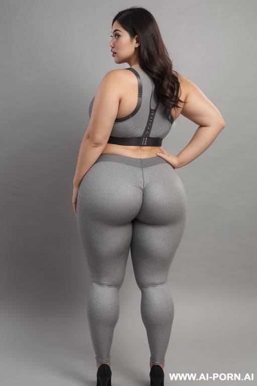 back view, chubby woman, full body, standing, triangular hips, thick thighs, hands on hips, wearing gray leggings and bra - #main