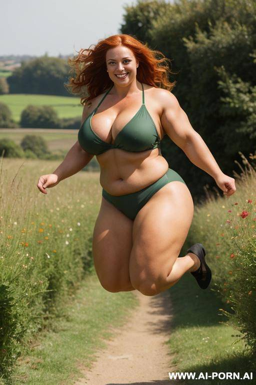 strong robust woman, jumping with legs apart, in a footpath through fields, floral panties, strong obese fat muscled muscular bulked up body, showing off her obese strong muscular huge muscled - #main