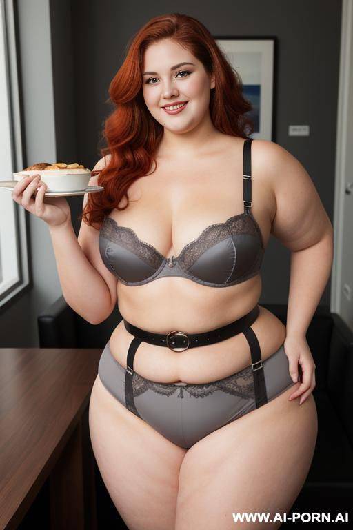 full body photo shot, about at elegant art gallery, fat bbw curvy with love handless and tummy, she is 20 years old, wearing a sexy and hot gray gartert belt lingeries, she is eating. - #main