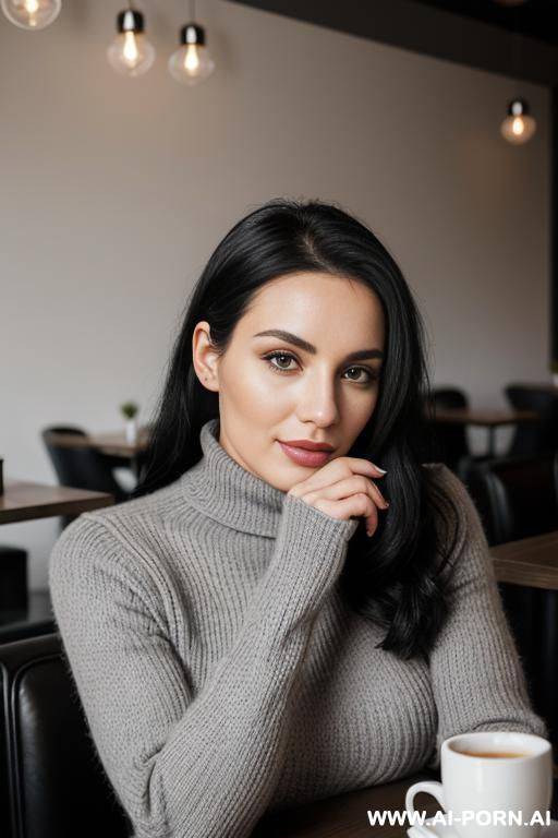 portrait of a 30 year old european woman with black hair, knitted grey turtleneck pullover, close-up face, posing in a modern cafe, (cinematic:1.2) - #main