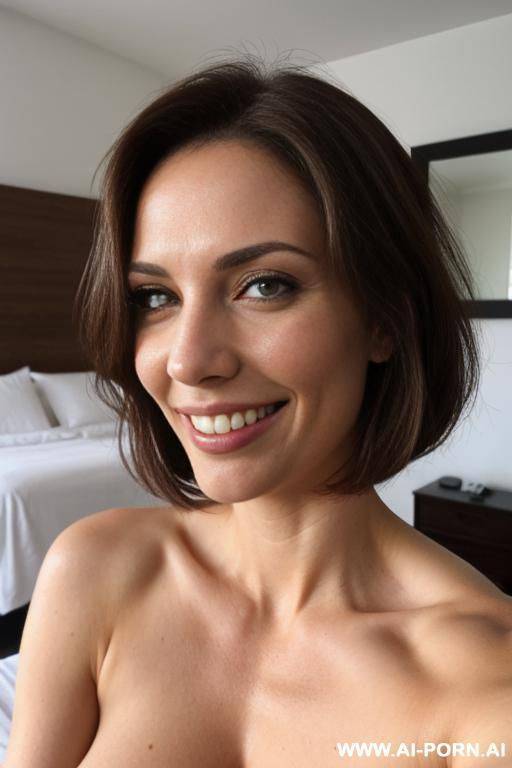((shot from below)), (eye contact), (perfect eyes), massive boobs, sitting on bed, naked, beautiful face, gorgeous model, side view - #main