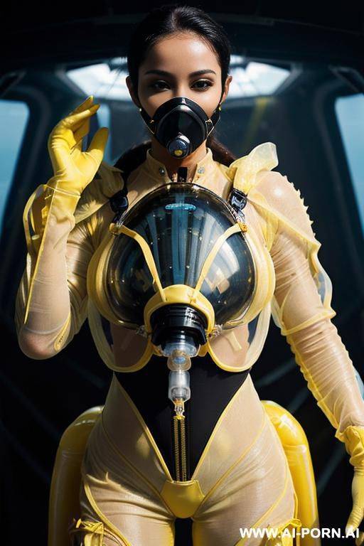(close up) ((gorgeous woman) in (completely open topless) (partially transparent armored (black and blue) flight suit) (wearing oxygen mask)) (spacecraft launch bay) - #main
