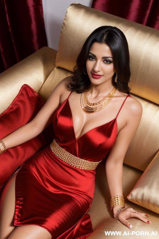 2 arabic woman, on a couch, ( gold necklace, bracelets, ring), (red satin dress), seductive smirk, (cumshot), camera from above - #main