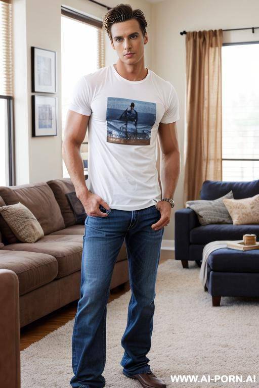 hot model man, medium length brown hair, big brown eyes, one man, standing in living room, wearing jeans and t shirt, - #main