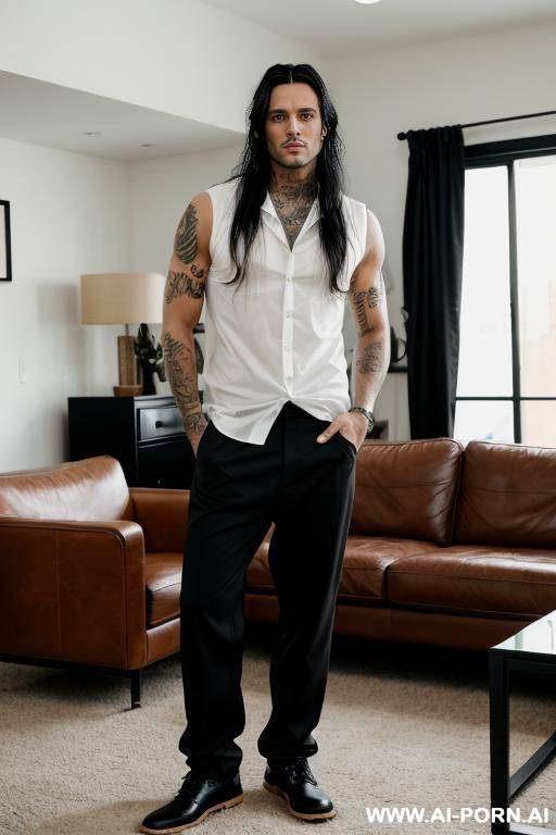 hot model man, thick long black hair, big brown eyes, one man, standing in living room, wearing shirt and pants, tattoo man, - #main