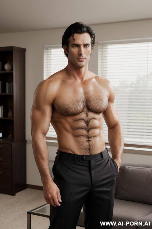 hot male model, handsome man, dark hair, brown eyes, high cheek bones, stocky, muscular build, wearing dress pants, no shirt, standing in living room, handsome older man, medium length hair, messy hair, photo realistic, business man. - #main