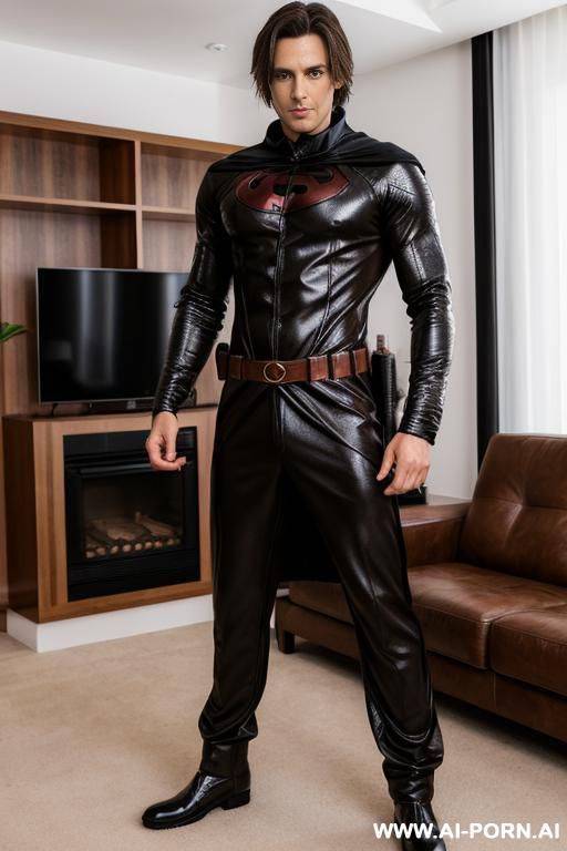 hot model man, medium length brown hair, big brown eyes, one man, standing in living room, wearing black hero cosplay, - #main