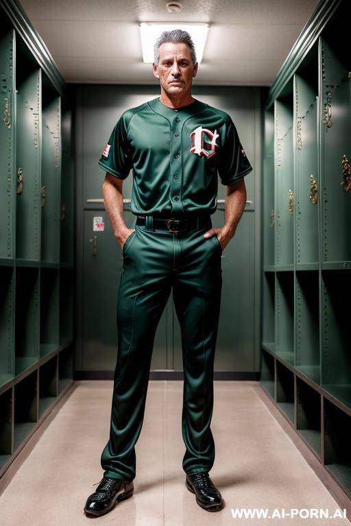 handsome older model man, short black hair, big green eyes, one man, standing in locker room, baseball uniform, - #main