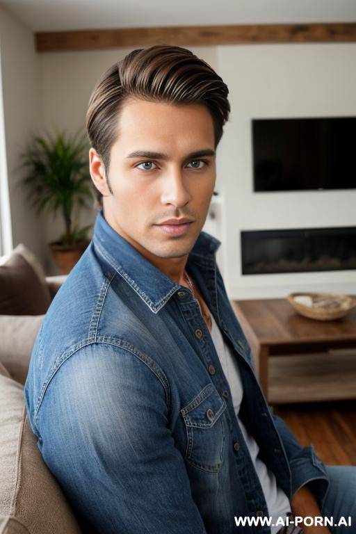 handsome model man, lomg brown hair, big brown eyes, one man, standing in living room, wearing jeans, ((keep face)) - #main