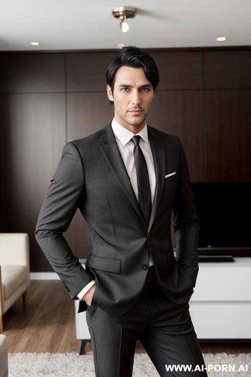 hot model man, short black hair, big brown eyes, one man, standing in living room, wearing business suit, - #main