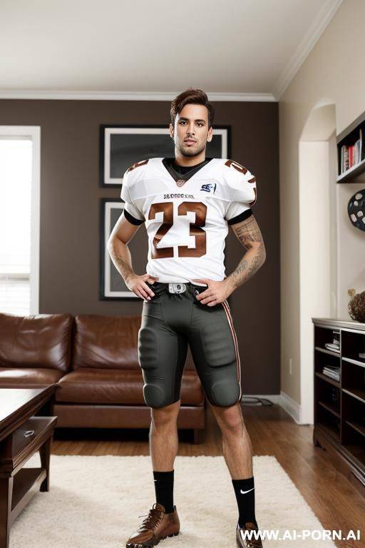 hot model man, short brown hair, big brown eyes, one man, standing in living room, wearing football jersey, - #main