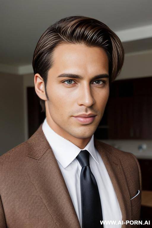 handsome model man, lomg brown hair, big brown eyes, one man, standing in living room, wearing suit and tie, - #main