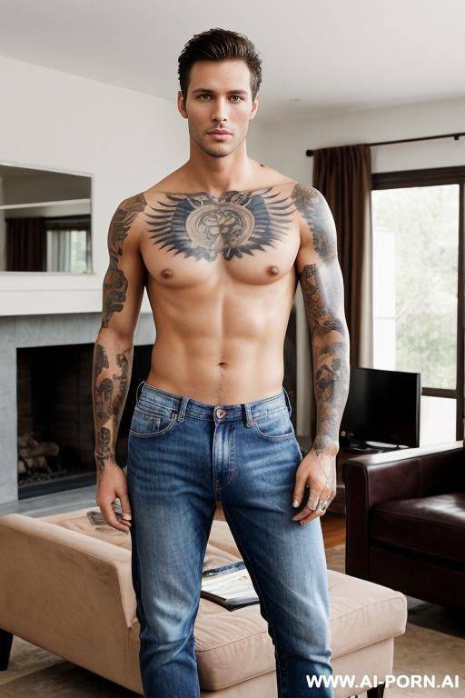 handsome model man, short brown hair, big brown eyes, one man, standing in living room, wearing jeans, shirtless, tattoo man, - #main