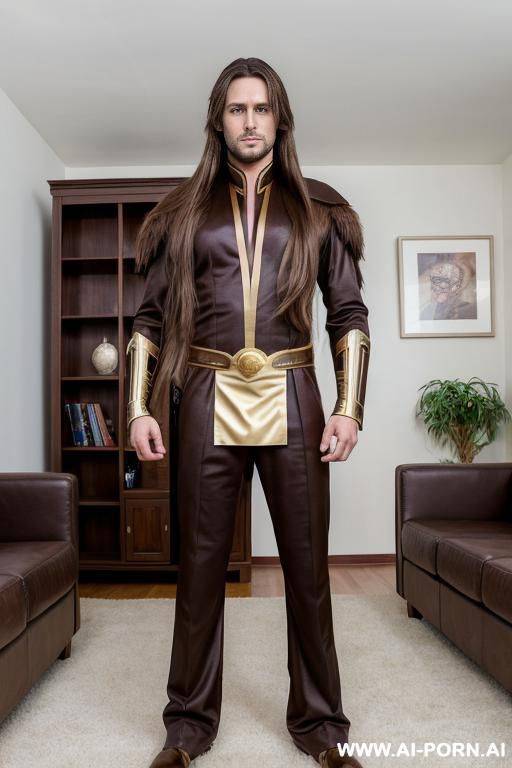 handsome model man, long brown hair, big brown eyes, one man, standing in living room, wearing rior cosplay, - #main