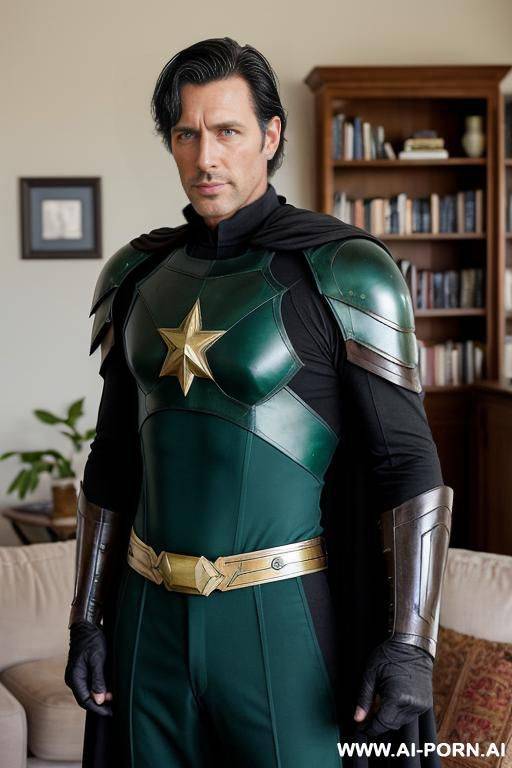 handsome older model man, short black hair, big green eyes, one man, standing in living room, wearing hero cosplay, - #main