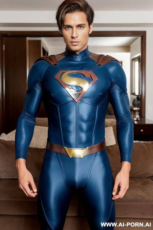 handsome model man, short brown hair, big brown eyes, one man, standing in living room, wearing blue and black hero cosplay, - #main