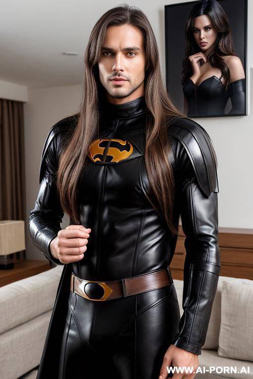 handsome model man, long brown hair, big brown eyes, one man, standing in living room, wearing black hero cosplay, - #main