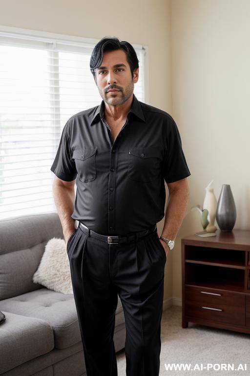 handsome older man, thick short black hair, one man, full body view, ((keep face)) ((keep body)) standing in living room, wearing shirt and pants, - #main