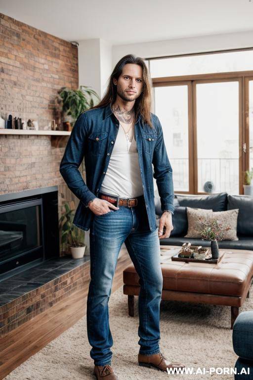 hot model man, long brown hair, big brown eyes, one man, standing in living room, wearing jeans, tattoo man, - #main