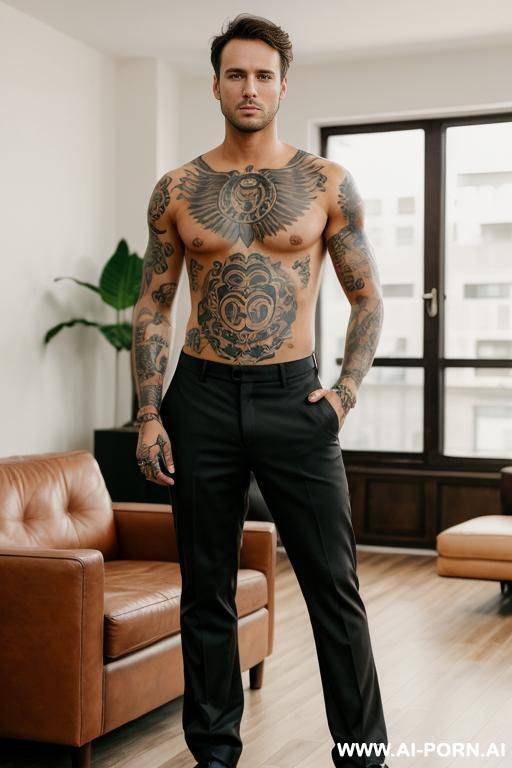 hot model man, thick brown hair, one man, standing in living room, wearing shirt and pants, tattoo man, - #main