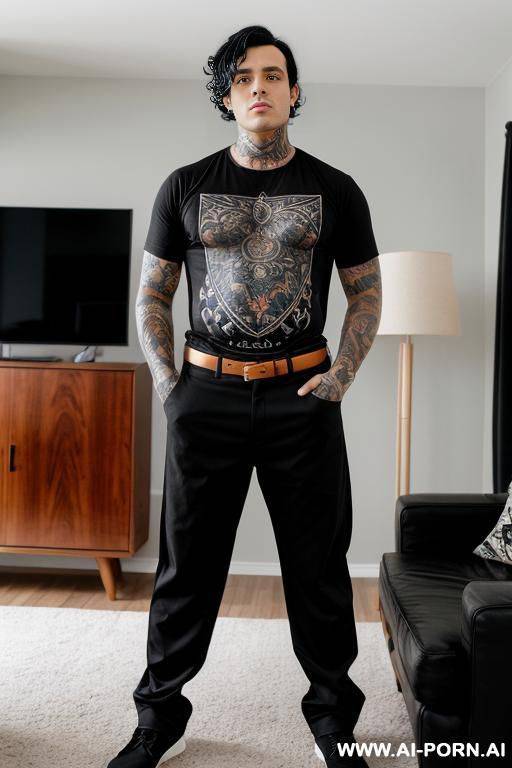 model man, thick black hair, one man, standing in living room, wearing shirt and pants, tattoo man, - #main