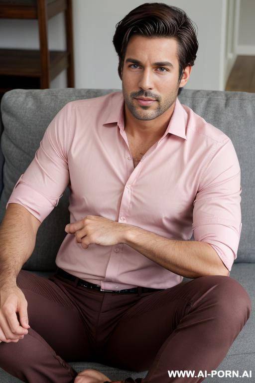 handsome man, thick short dark brown hair, wearing pink shirt, wearing pants, full body view, ((keep face)) ((keep body)) sitting in living room, open legs, - #main
