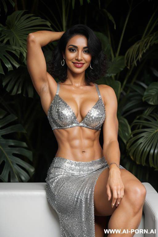 indian, short hair, fit, abs, muscular arms, big ass, tall, long legs, navel piercing, silver bra, silver sequin skirt, looking at camera, full body, stiletto, jungle - #main