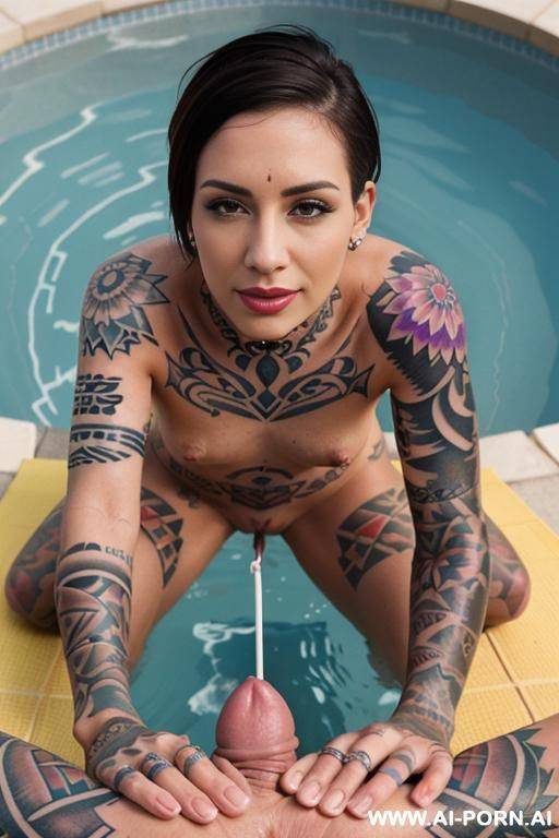 a woman in the pool side looking at the camera fucked by two men in douple penetration position., cumshot on yellow bikini, anal fuck, double penetration on all fours - #main