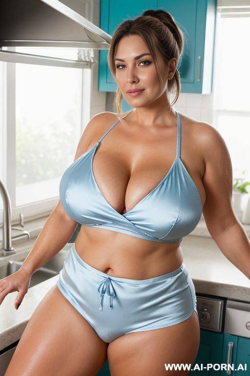 chubby woman with (((huge boobs))) washing dishes in the kitchen at home, she is wearing light blue silk shorts and a tight pink tank top, she is very focused on the task of washing the - #main