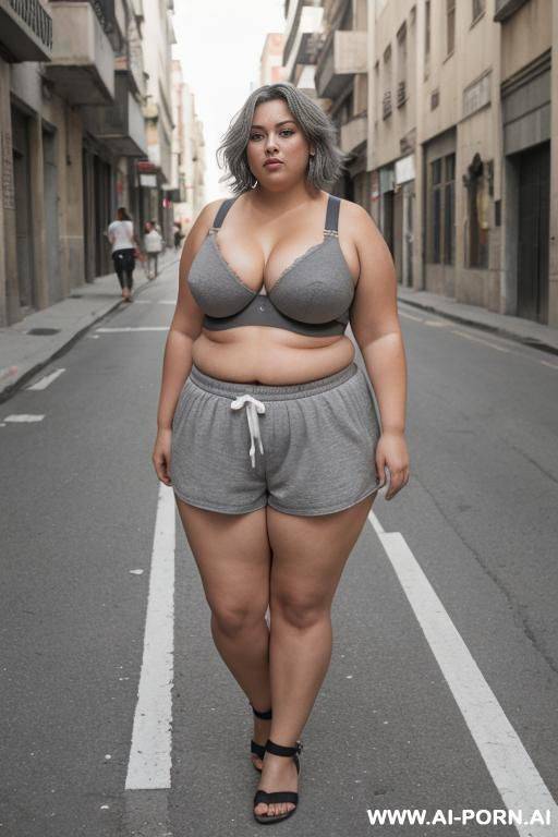 chubby poor woman, full body, standing, triangular hips, thick thighs, wearing gray suplex shorts and bra asking for money on the poor streets - #main