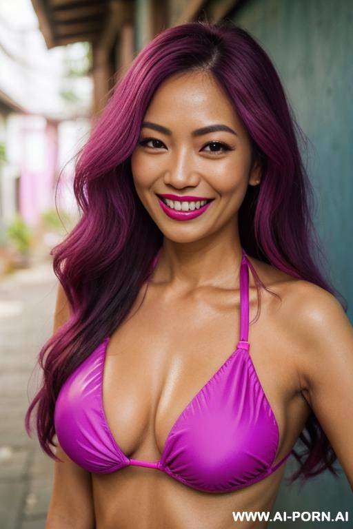 close!, immersive expression, lovingly casual thai woman, long loose wavy purple hair, closeup in decent lingerie, she is strictly tanned, pastel hue, abstract background, oiled pleasure, lying, real-life sei-ra sodes-hiro! - #main