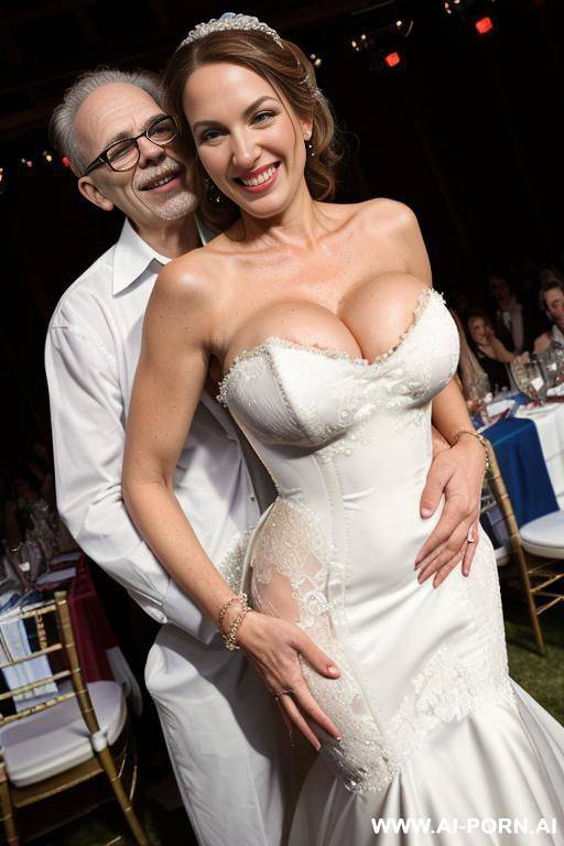 ((((view fish eye lens view)))) ((((medium shot)))) ((((hugging oldman behind )))) at de wedding celebration pretty face italian wife on stage bathes in beer a lot of beer suds lot jacket men - #main