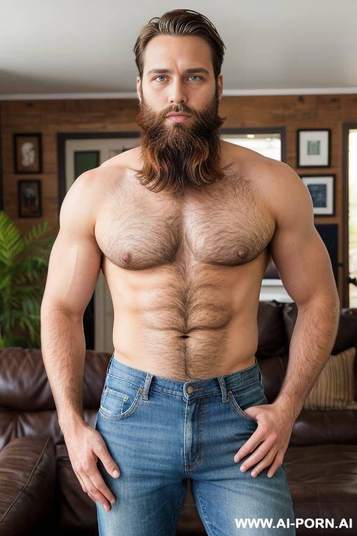 handsome model man, thick brown hair, big green eyes, one man, well kept beard, standing in living room, wearing jeans shirtless, ((keep beard)), ((keep face)), - #main
