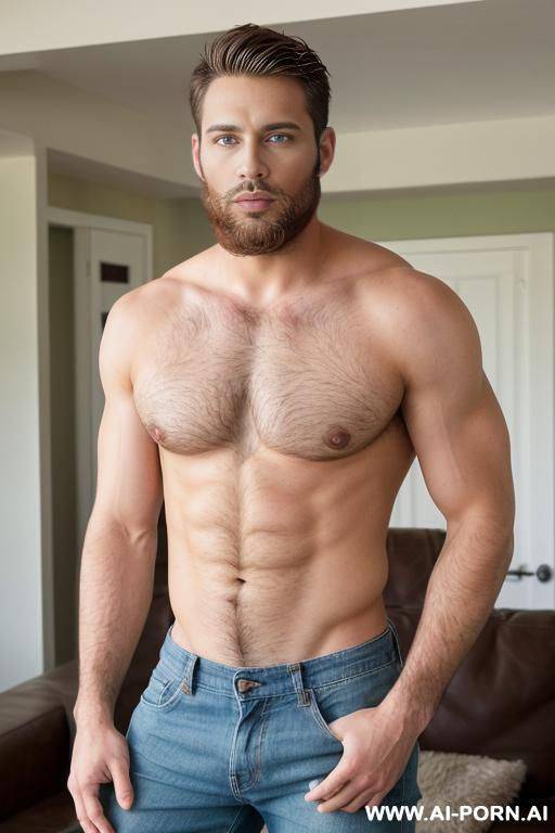 handsome model man, athletic handsome man, thick brown hair, big green eyes, one man, short beard, standing in living room, wearing jeans shirtless, ((keep face)), ((keep model)), ((keep body)), ((keep hair)), ((keep beard)), - #main