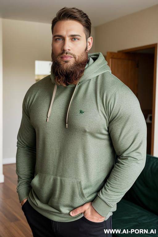 handsome model man, athletic handsome man, thick brown hair, big green eyes, one man, short beard, standing in living room, wearing hoodie, ((keep face)), ((keep model)), ((keep body)), ((keep hair)), ((keep beard)), - #main
