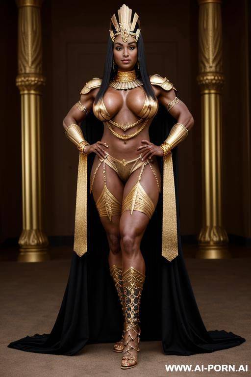 black woman. egyptian royalty. queen, royal necklace, pierced navel, rings, long nipples, tiara, large nipples, bracer, head dress, large areolas, ((oversized boobs)), anklet, huge nipples, gold armour, - #main