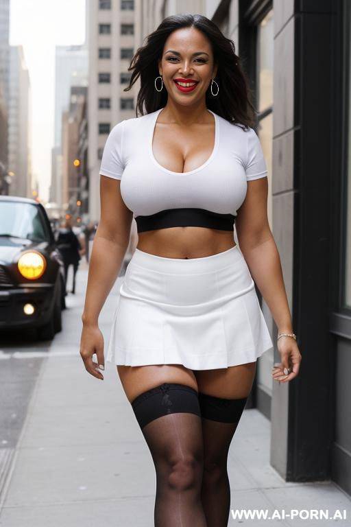 black t-shirt stretched over big boobs, (pretty face), (beautiful model), white plaid skirt, white thigh highs, walking on ny street - #main