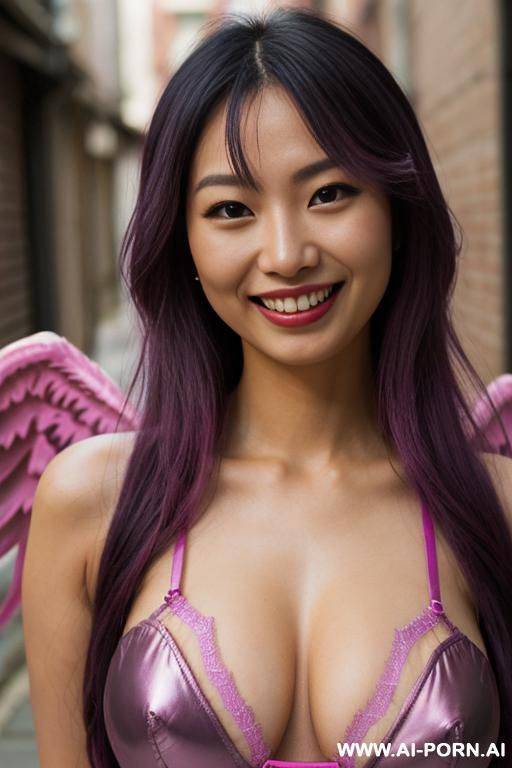 close!, immersive expression, lovingly nerdy asian woman, long loose wavy purple hair, closeup in decent lingerie, she is naturally tanned, pastel hue, abstract background, oiled pleasure, lying, real-life sei-ra sodes-hiro! - #main