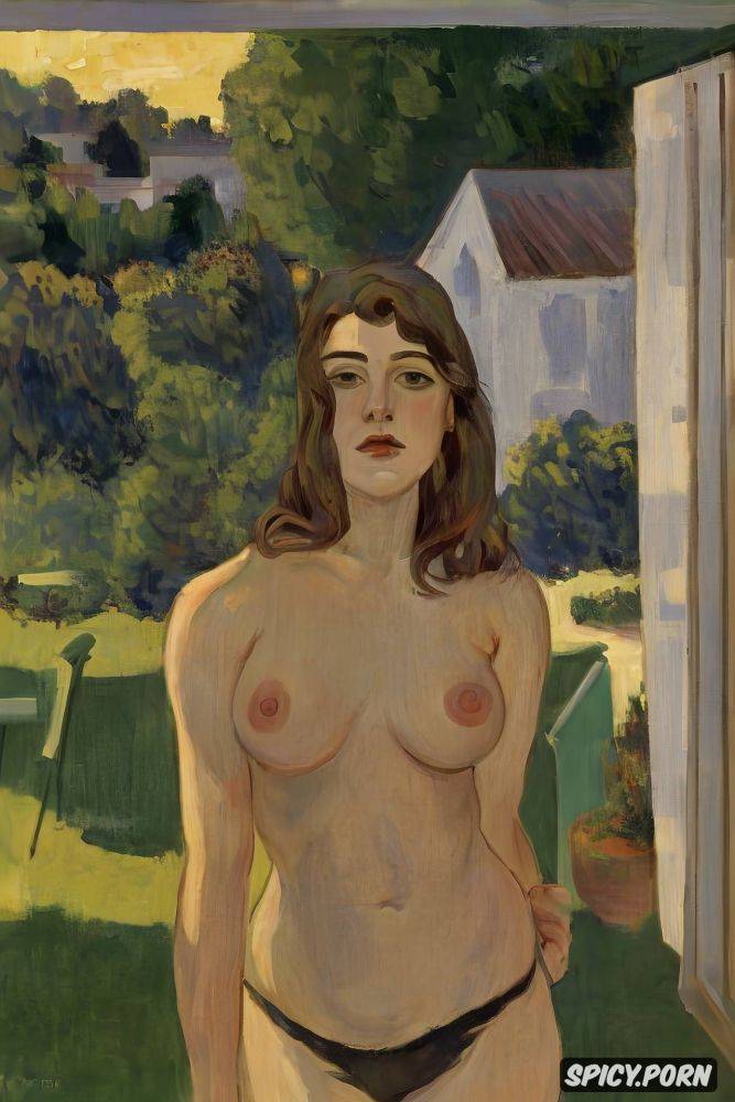 demure shy woman with red lips and flushed cheeks and dark eyes in shady bathroom bathing intimate tender modern post impressionist fauves erotic art - #main