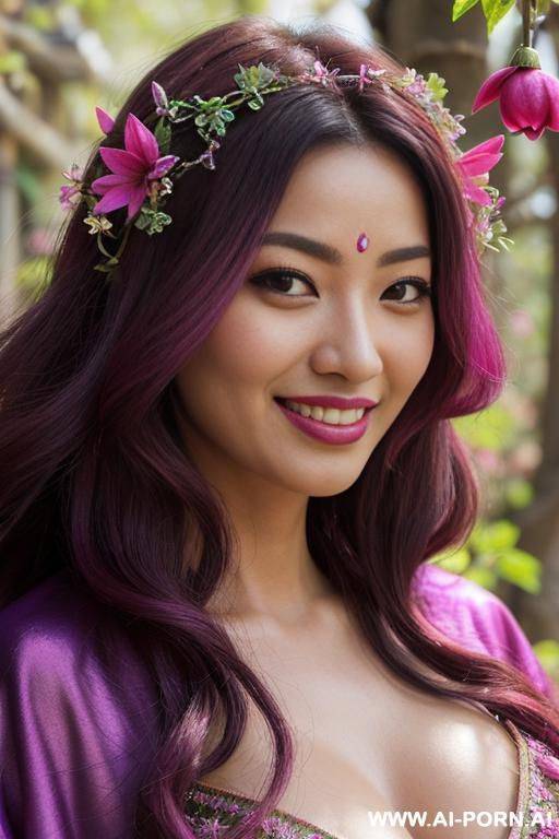 close!, immersive expression, lovingly awesome asian woman, long loose wavy purple hair, closeup in decent lingerie, she is naturally tanned, pastel hue, abstract background, oiled pleasure, lying, real-life sei-ra sodes-hiro! - #main