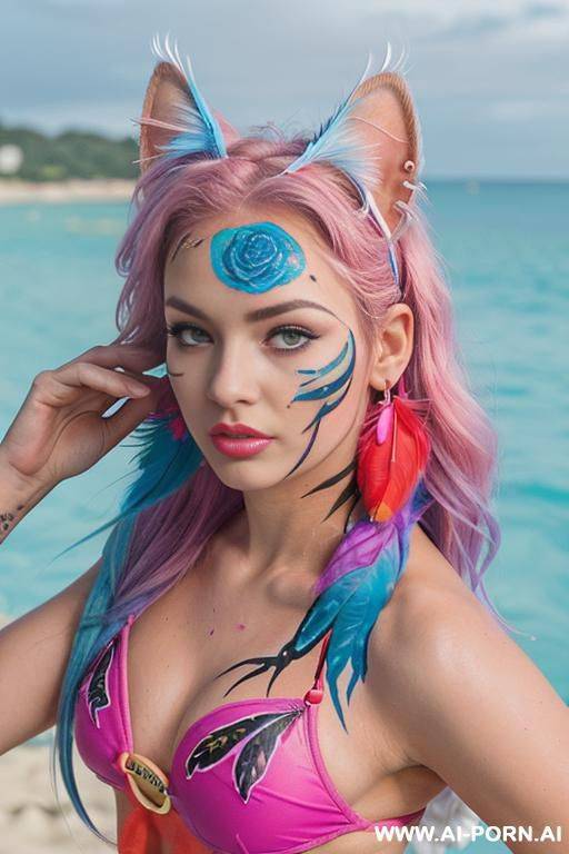 face, sexy, beautiful, ((face painting)), ((bikini as seashell)), ((tattoo roses)), ((eyes shw)), ((angel wings)), ((rainbow hair)), ((long bu hair)), ((wind)), (( cat face)), (( cat ears)), (((feather - #main
