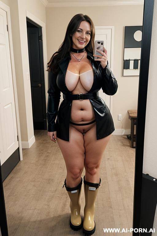nude chubby milf standing naked in rainboots and choker collar, smiling, brunette. full view including head and rainboots. undressed. bare tits and crotch. - #main