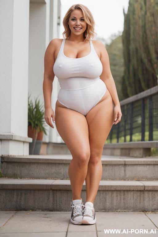 nude curvy milf standing naked in only sneakers, smiling. head and sneakers in frame. - #main