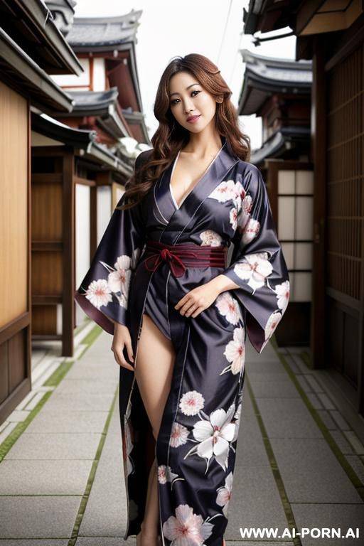 very beautiful, very sexy japanese, long thick wavy auburn hair, dark eye liner, completely nude, totally naked, show bare boobs, show shaved pussy, frame image from head to knee, opened robe - #main