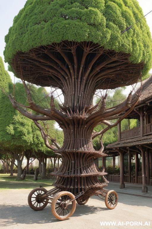 magical cable cart that is made out of bark, looks like a pulsating zerg structure, compleatly grown out of tree - #main