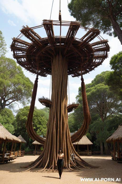 magical cable cart that is made out of bark, looks like a pulsating zerg structure, compleatly grown out of tree, cable card on a rope in the air - #main