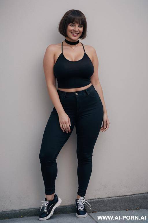 full view of nude curvy woman with hairy crotch standing naked in sneakers and choker, smiling. sneakers in frame. - #main